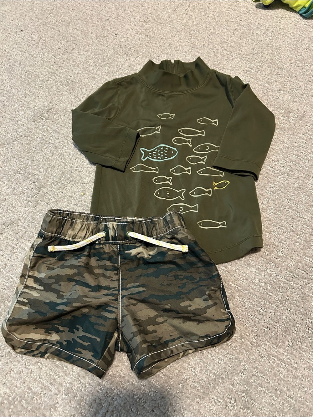 GAP Olive Green Fish Rashguard with Camo Swim Shorts